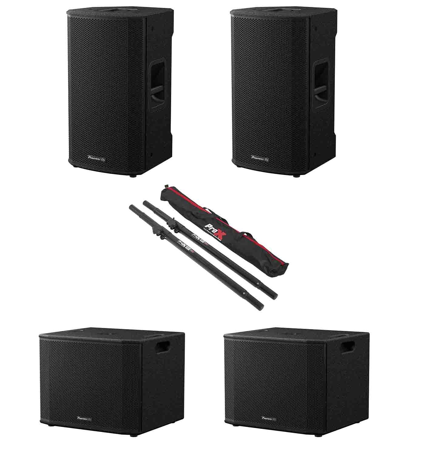 Pioneer DJ XPRS Active Subwoofers Package with ProX Speaker Pole Mounts Adjustable