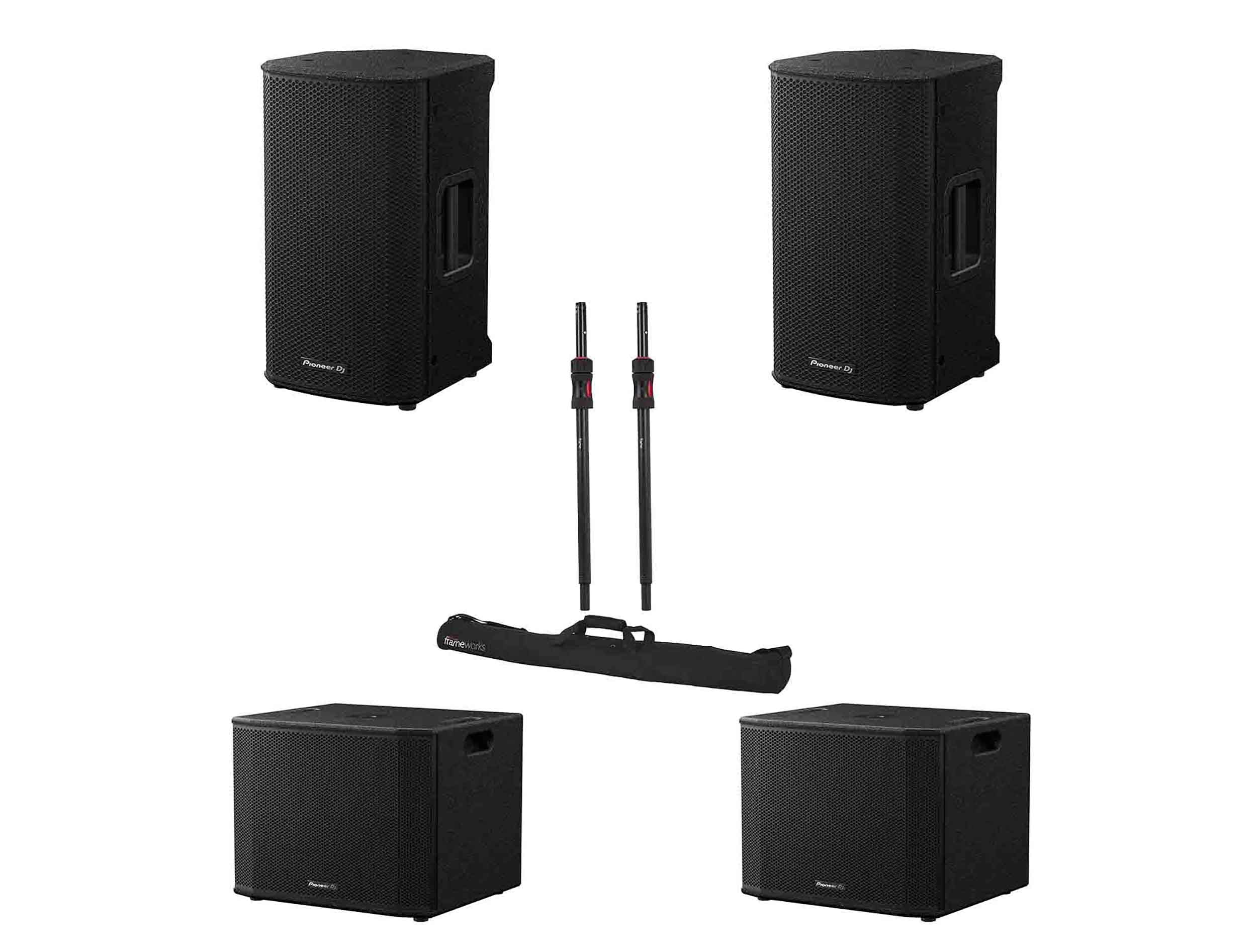 Pioneer DJ XPRS Active Subwoofers Package with Gator ID Speaker Sub Pole with Carry Bag