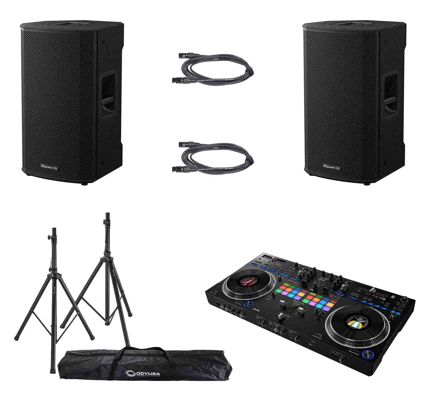 Pioneer DDJ-REV7 DJ Controller Package with Active Speaker, Stands and Cables